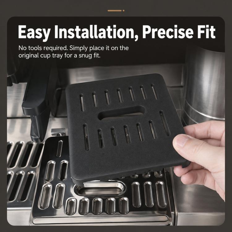 Black drip tray protective cover with vent slots held in place by hand