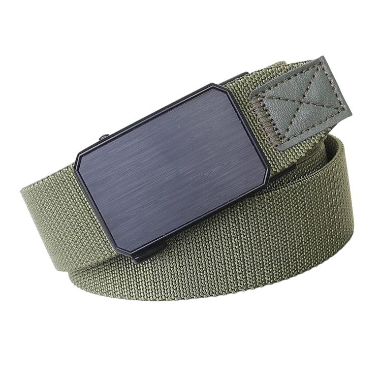 Men's army green elastic web belt with rectangular automatic buckle, stitched keeper end