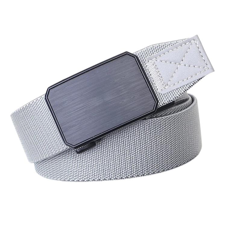 Light gray braided elastic belt with rectangular automatic buckle and white stitched keeper