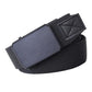 Men's black elastic web belt with rectangular automatic buckle and stitched keeper panel