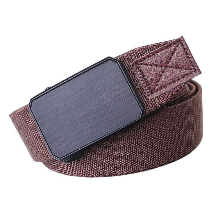 Burgundy braided elastic belt with rectangular automatic buckle and stitched keeper loop