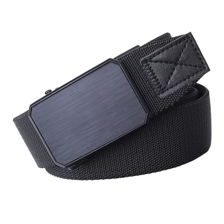 Men's black elastic web belt with rectangular automatic buckle, textured woven strap