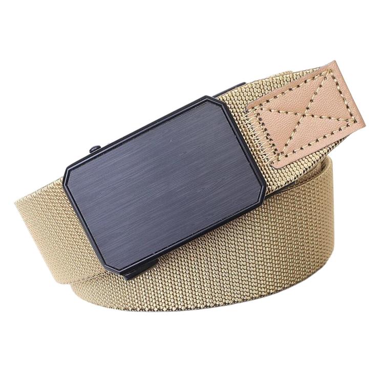 Men's khaki elastic web belt with rectangular automatic buckle, textured woven strap