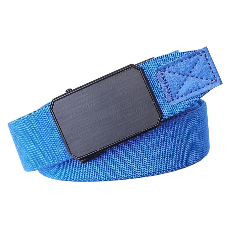Bright blue braided elastic belt with rectangular automatic buckle and woven texture