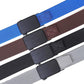 Assorted elastic braided belts with rectangular automatic buckles in blue, brown, black, and gray