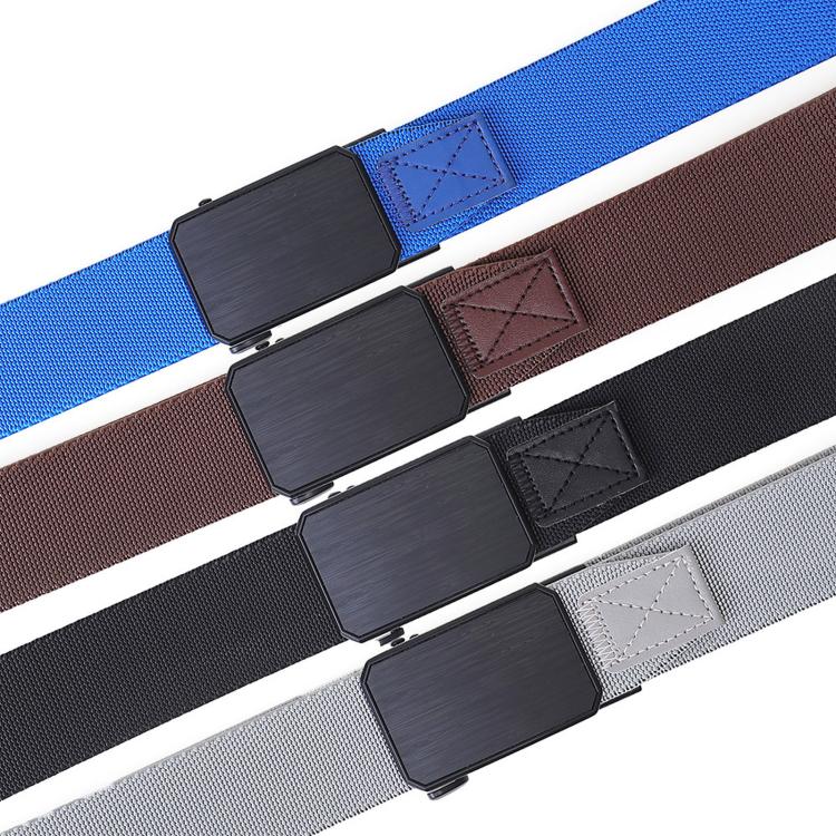 Assorted elastic braided belts with rectangular automatic buckles in blue, brown, black, and gray