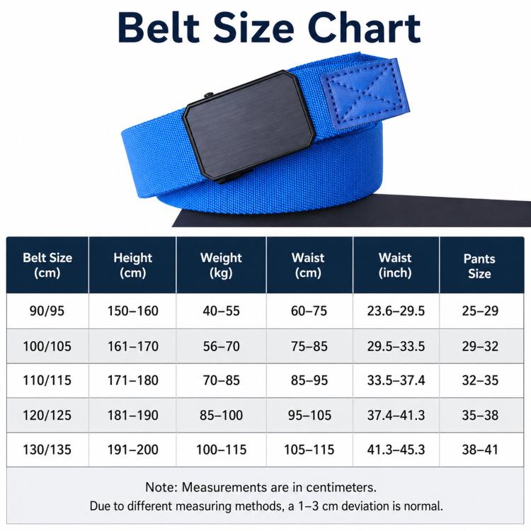Belt size chart with blue elastic web belt and black automatic buckle