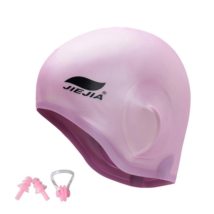 Pink silicone swimming cap with ear-protecting pockets, shown side view