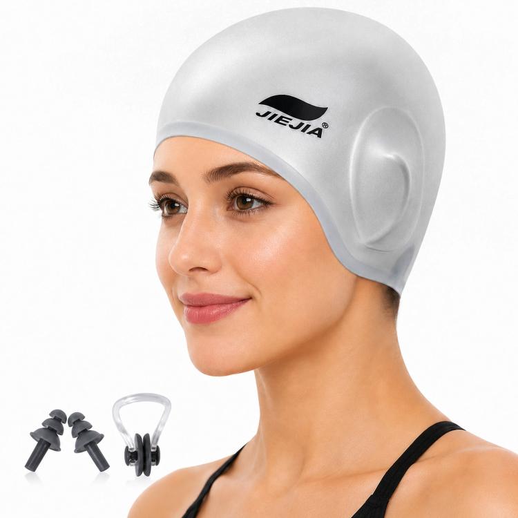 Gray silicone swimming cap with ear-protecting pockets and included earplugs and nose clip