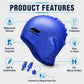 Blue silicone swimming cap with 3D ear-protecting coverage, product layout view