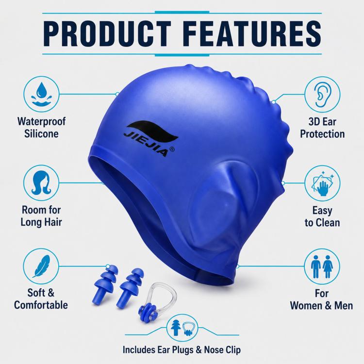 Blue silicone swimming cap with 3D ear-protecting coverage, product layout view