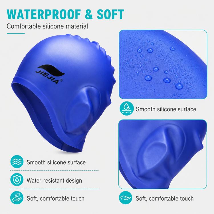 Blue silicone swimming cap with smooth water-resistant surface detail