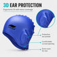 Blue silicone swimming cap with extra ear pocket and curved opening