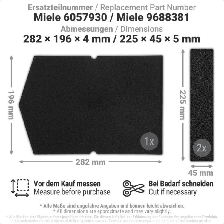 Black foam dryer filter with side notches, shown with size diagram