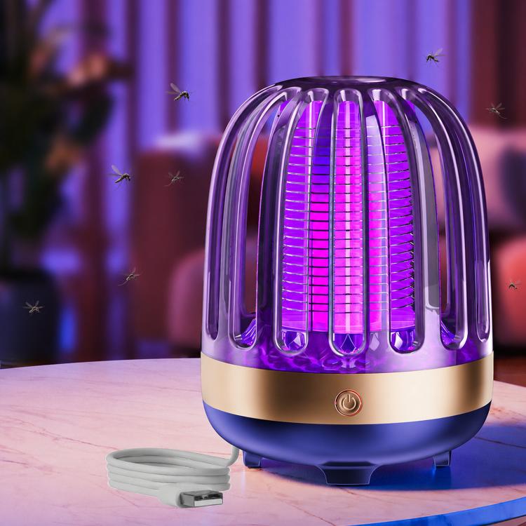 Navy blue electric mosquito killer lamp with purple LED glow and included cleaning brush