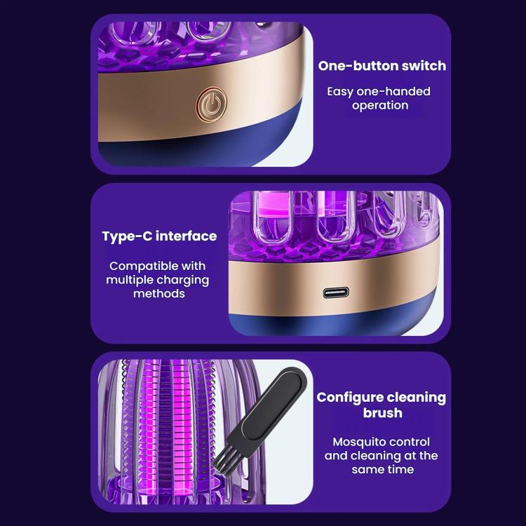 Mosquito killer lamp feature icons showing Type-C interface and one-button operation