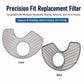 Dishwasher replacement filter front and back views, grey mesh with center hole