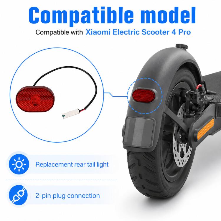 Rear tail light assembly with red lens, black cable, and two-pin style plug