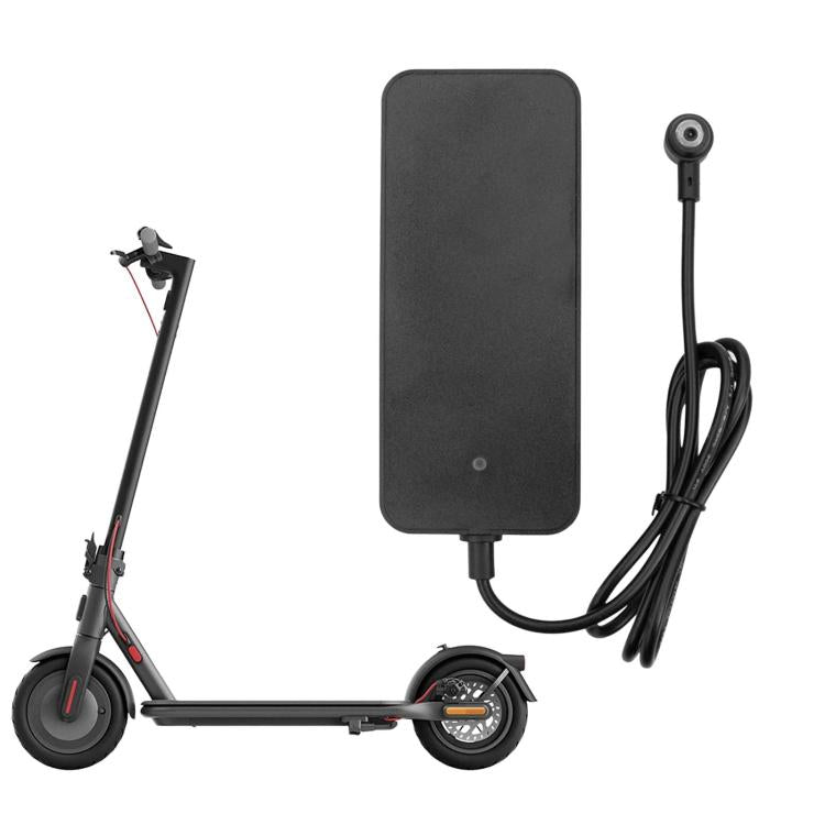 Electric scooter charger adapter with black power brick and cable, scooter and adapter shown