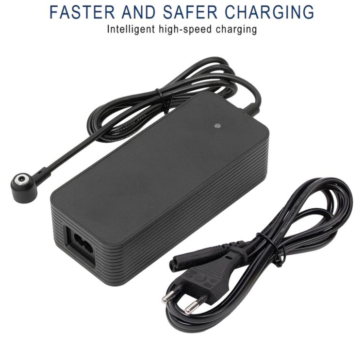 Compact electric scooter charger with black power brick, cable, and two-prong AC plug