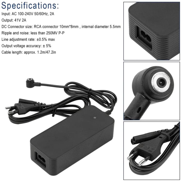 Electric scooter charger with black power brick and DC output port, with cable