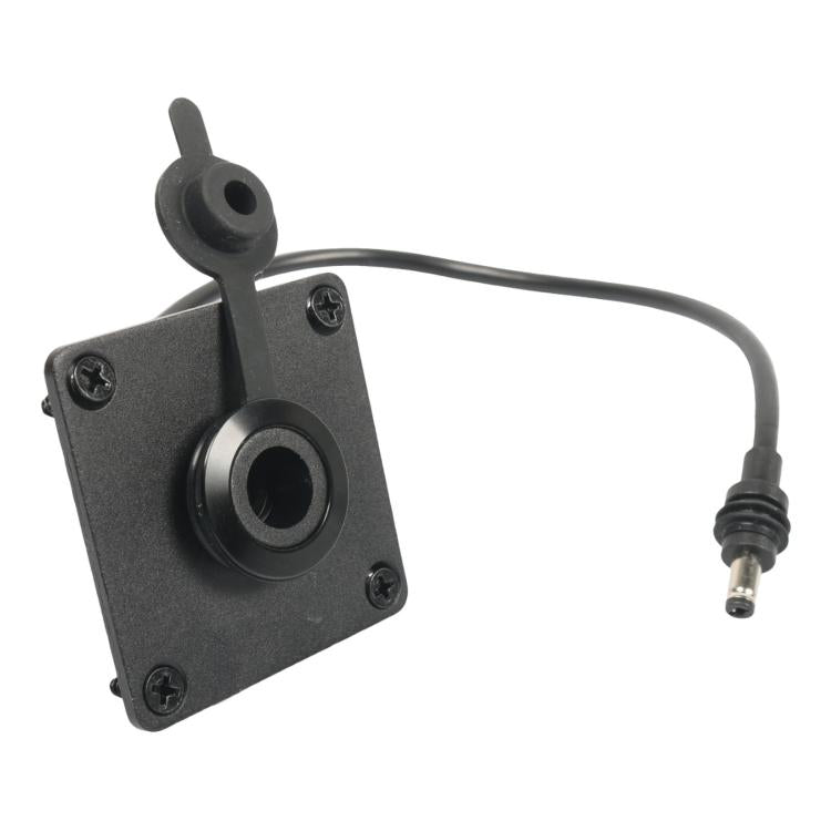 Black wall power inlet module with DC 5.5x2.1 socket and attached cable