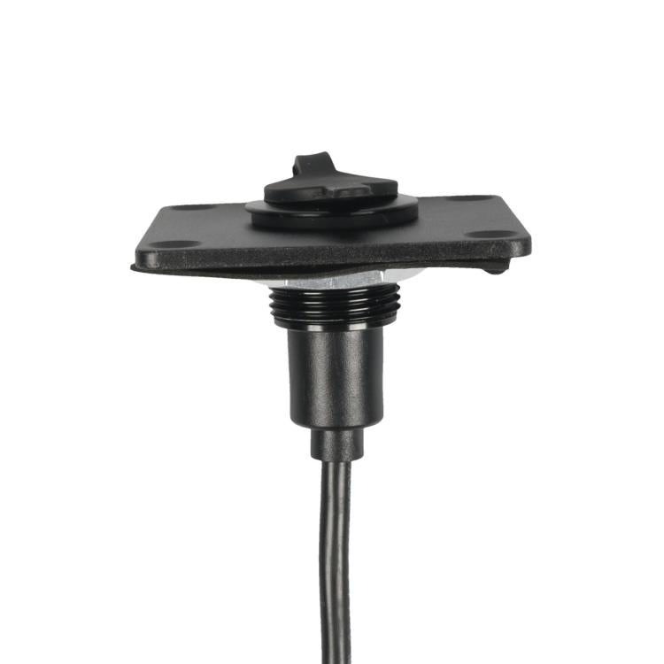 Black pass-through power inlet barrel with threaded mounting base and cable
