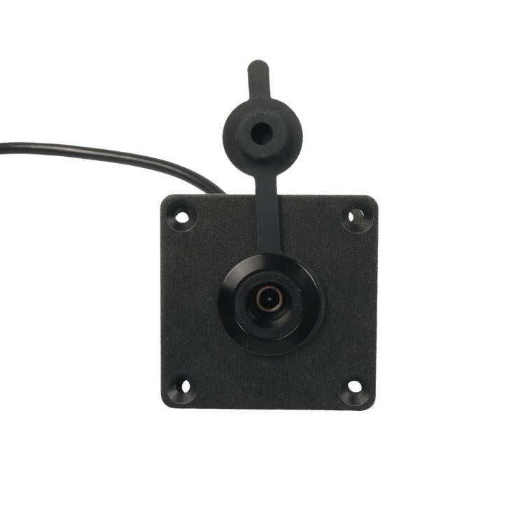 Square black wall-mount DC power inlet with central DC jack and cable