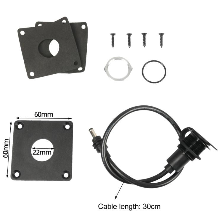 Black DC power inlet wall mount with 60mm size diagram and 30cm cable length