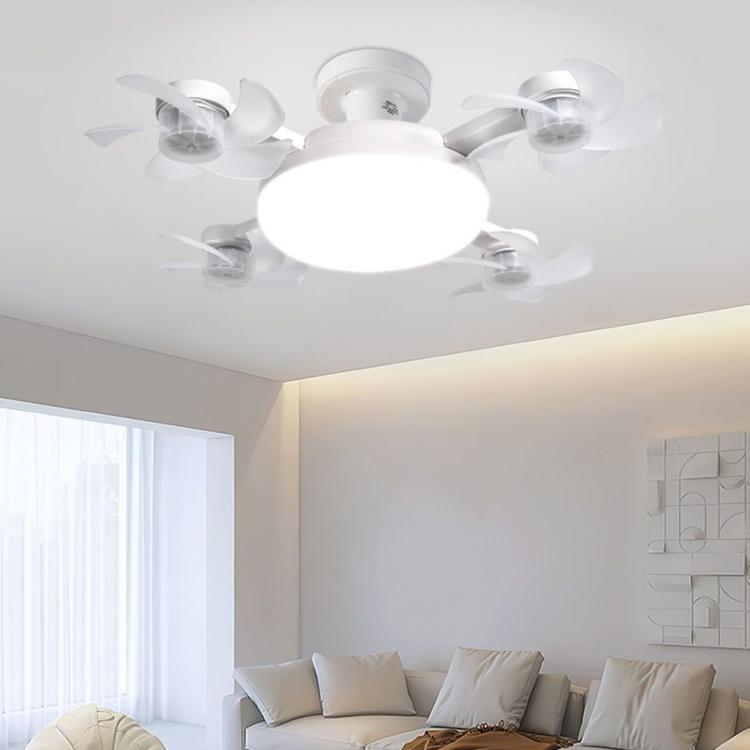 White ceiling fan light with round bulb cover and 4 fan arms
