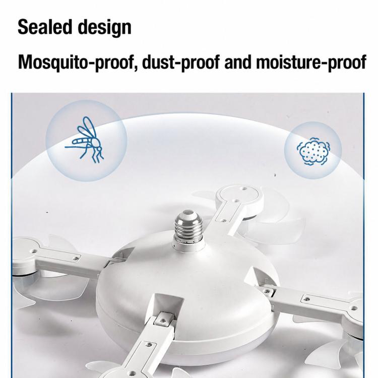 White ceiling fan light underside showing motor cap, socket, and fan blades