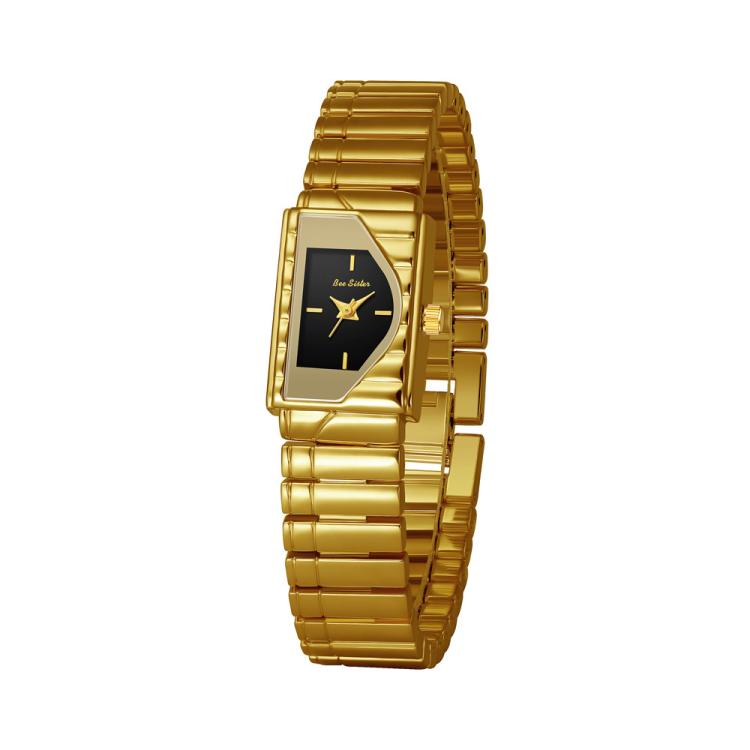 Gold womens vintage quartz wristwatch with black geometric dial and metal bracelet