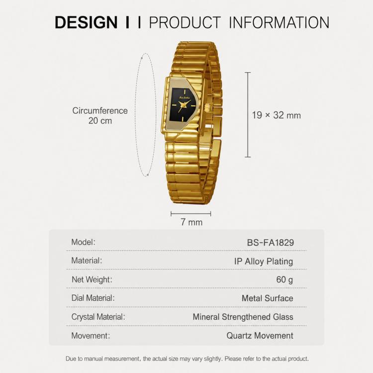 Gold-tone metal quartz watch, square dark blue dial, geometric asymmetrical case