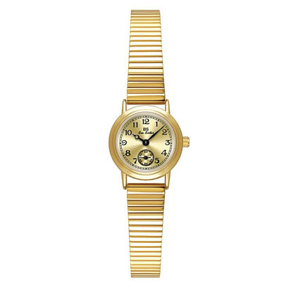 Gold-tone small round vintage watch with ribbed expansion band and small seconds subdial