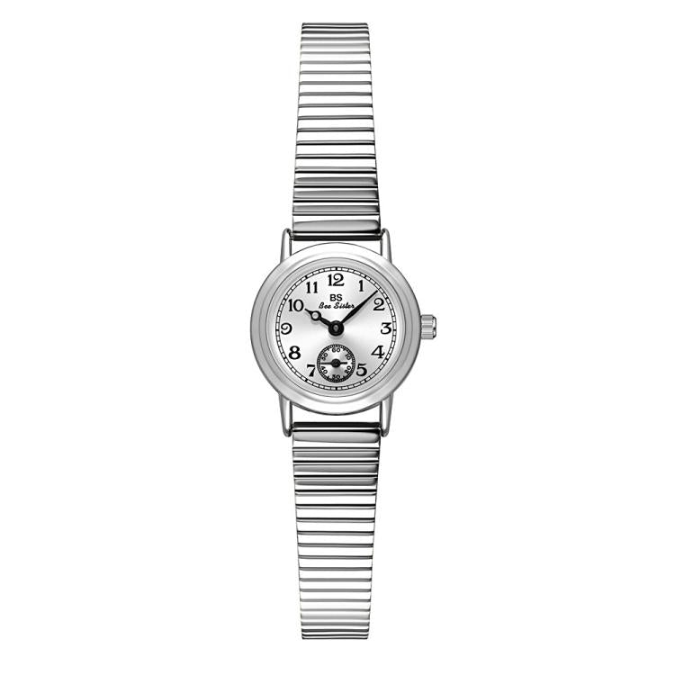 Silver-tone small round watch with ribbed expansion band and white dial with seconds subdial