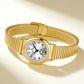 Gold-tone wristwatch with small round face, textured expansion band, and seconds subdial