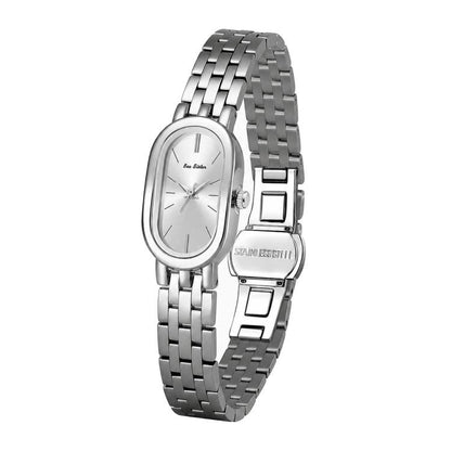 Oval quartz dress watch with silver metal bracelet and light gray dial