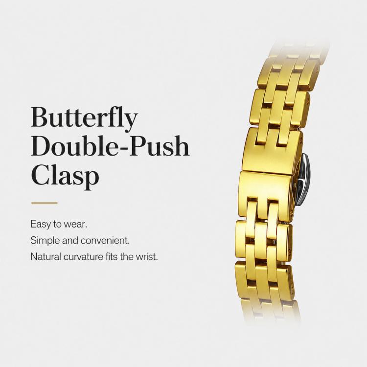 Gold oval quartz dress watch with metal link bracelet and butterfly clasp
