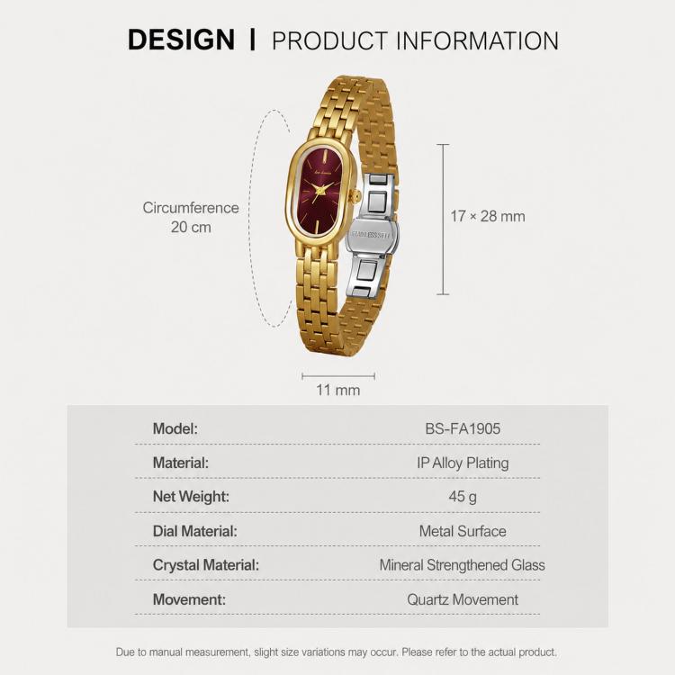 Gold oval quartz dress watch with burgundy dial and mesh link bracelet