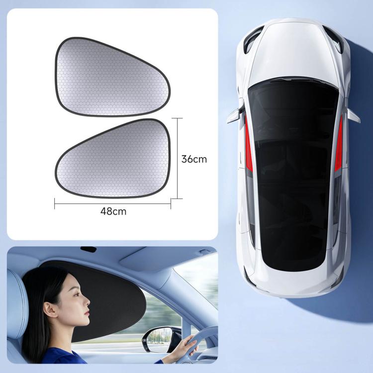 Car window sunshade set, two grey hex-pattern panels with black trim, 48x36cm each