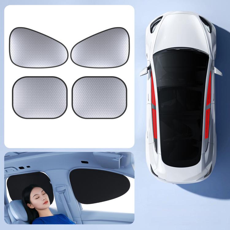 Car window sunshade set, four grey hex-pattern panels with black borders, small squares
