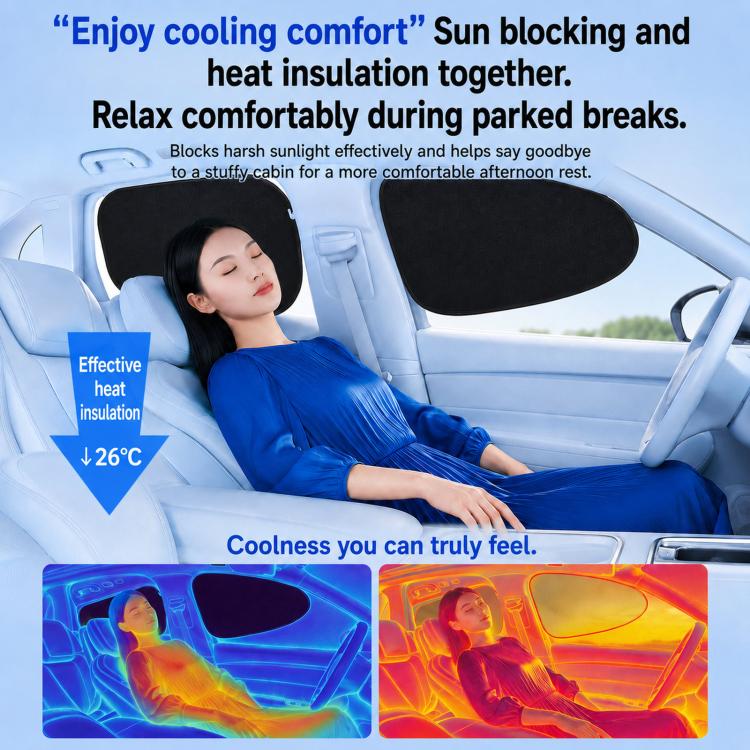 Pair of black car window sunshade panels for side windows, heat and UV blocking