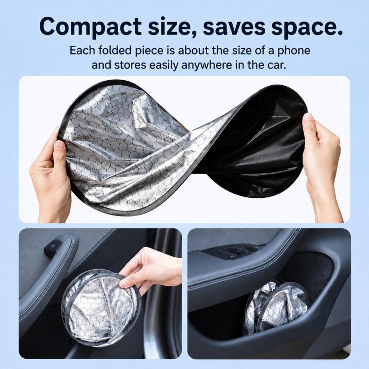 Compact folded car window sunshade curtains with silver-gray pattern and black lining