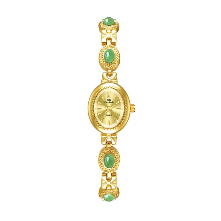 Gold oval analog quartz bracelet watch with green oval cabochon links