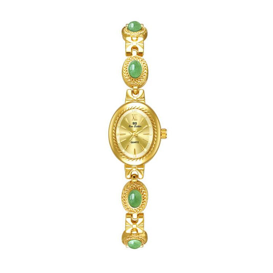 Gold oval analog quartz bracelet watch with green oval cabochon links