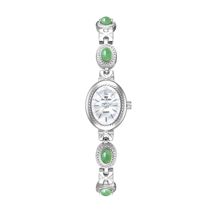 Silver oval analog quartz bracelet watch with green cabochon links