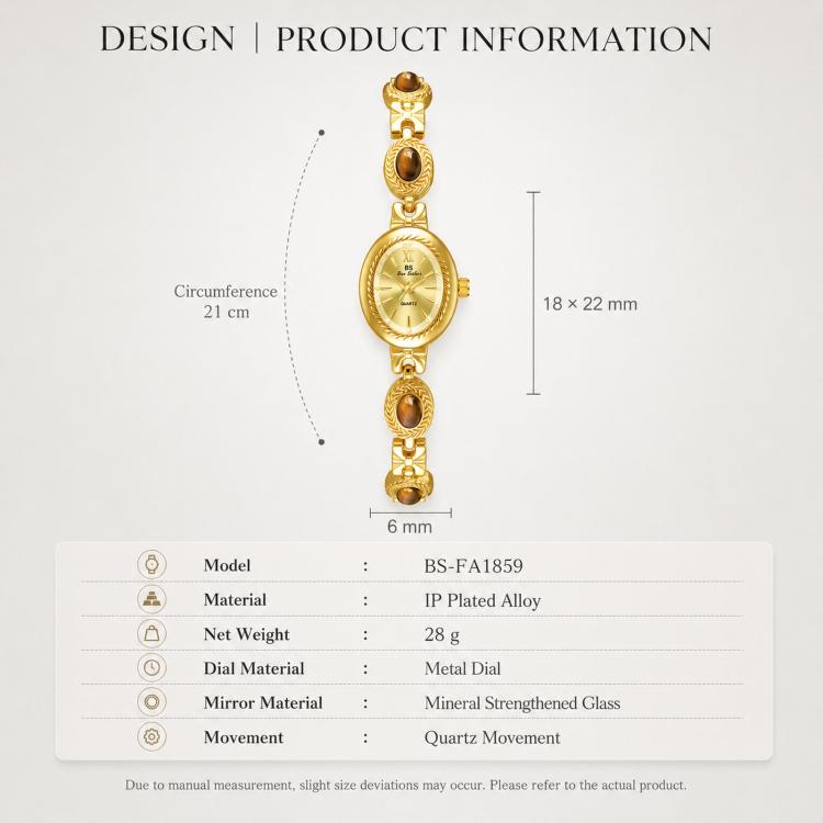 Gold oval bracelet watch diagram with linked band and oval dial, quartz analog