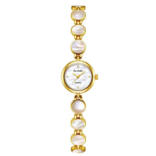 Women round bracelet watch with gold links and mother-of-pearl disc dials