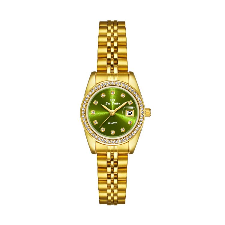 Gold-tone analog wristwatch with green dial, rhinestone bezel, and metal link bracelet