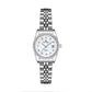 Silver-tone analog wristwatch with white dial, rhinestone bezel, and metal link bracelet